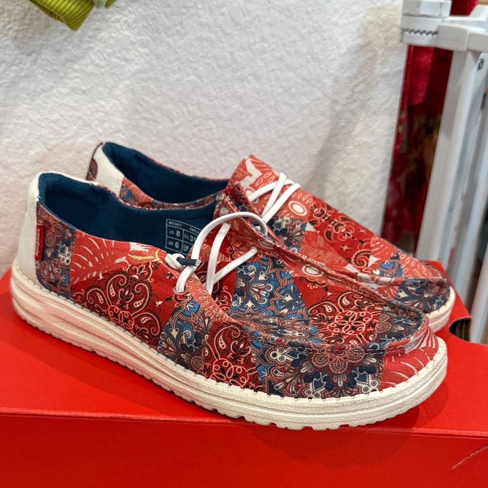 Hey Dude Red and Blue Paisley Sneakers size 8